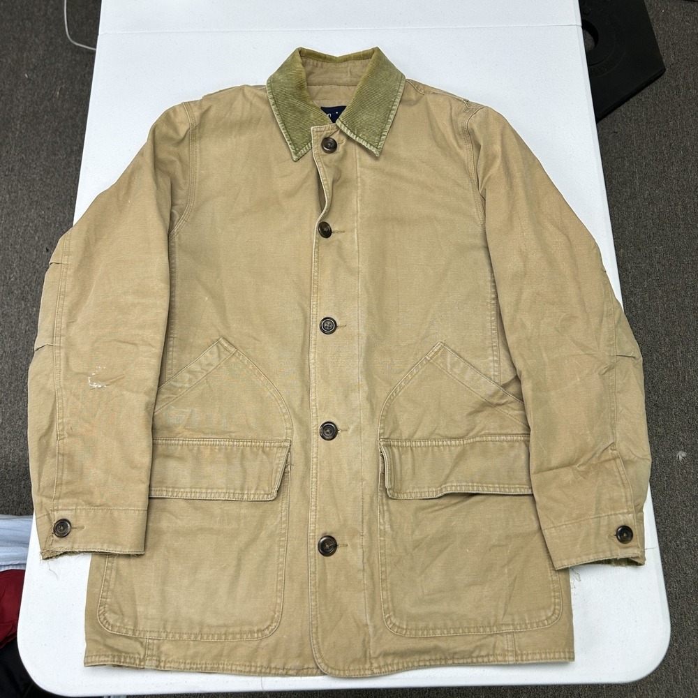 Gap Chore Coat Mens Small Tan Canvas Corduroy Collar Quilted Lining Distressed
